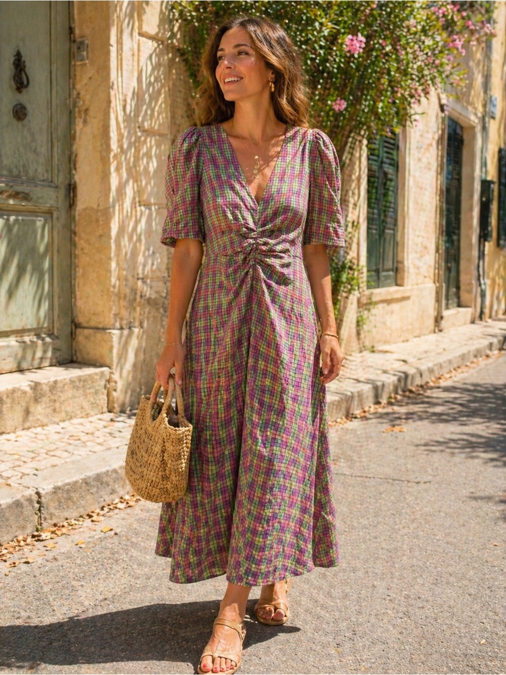 Zara Pink and Green Plaid Maxi Dress with Twist Front size large